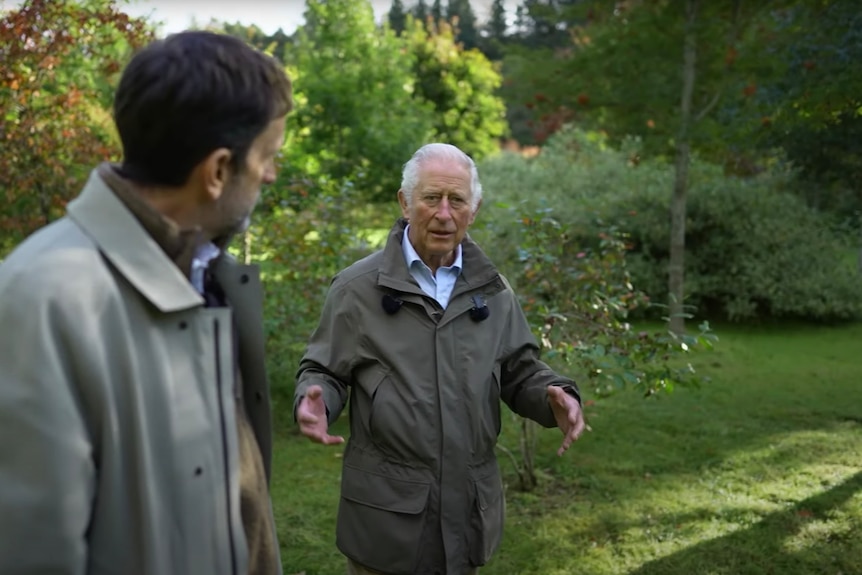 Prince Charles gestures with his hands while walking in gardens.