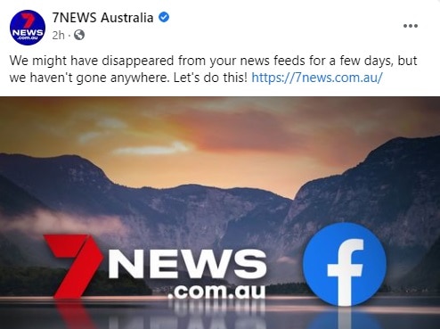 A screenshot from 7News Australia showing their Facebook news content is back.