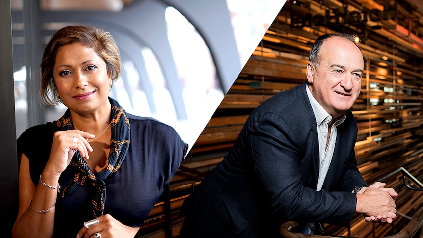 Portraits of ABC Nightlife presenters Indira Naidoo and Philip Clark