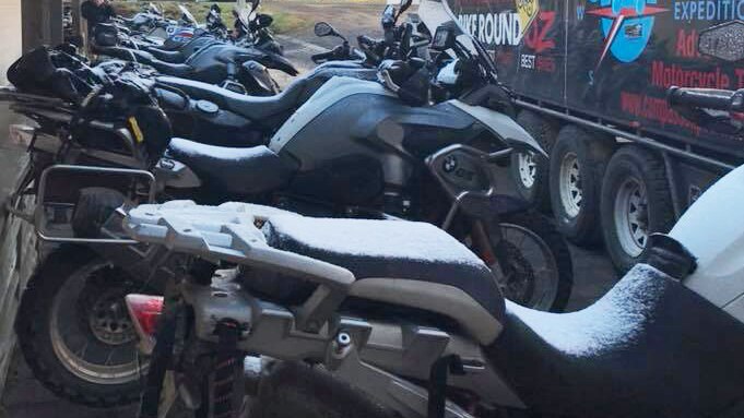 Overnight snow settled on motorbikes at Great Lake Hotel, Tasmania, November 3, 2017.