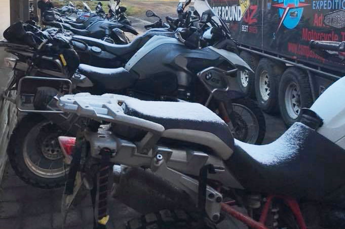 Overnight snow settled on motorbikes at Great Lake Hotel, Tasmania, November 3, 2017.