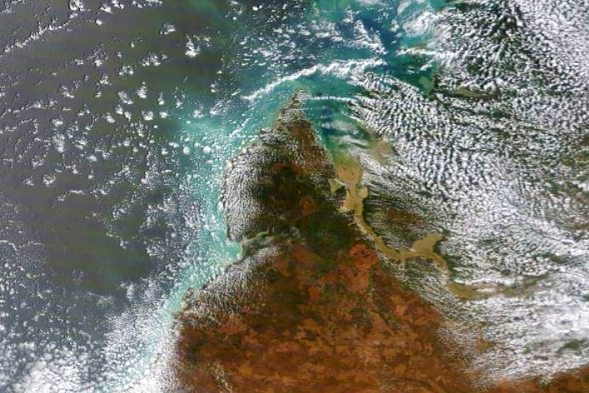 A satellite image of a flooded landscape