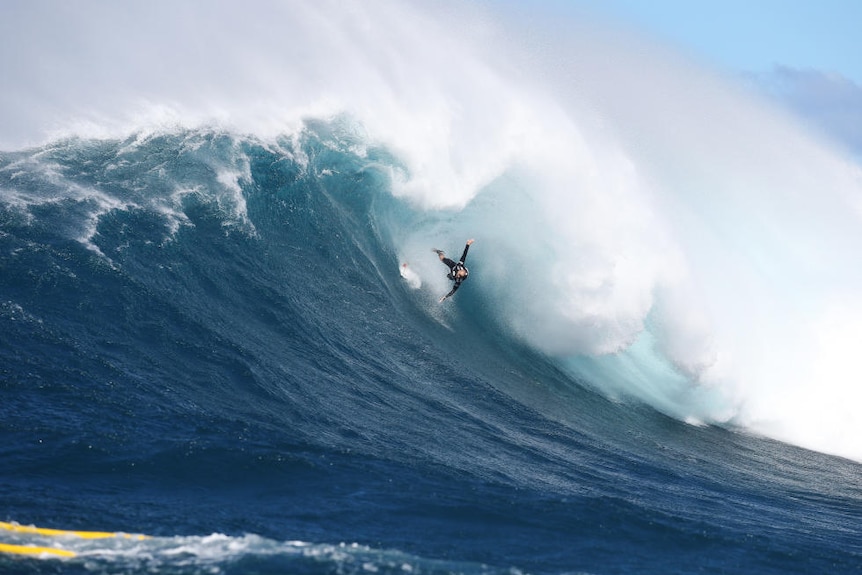Hawaiian surfer Shane Dorian falling during competition in Hawaii