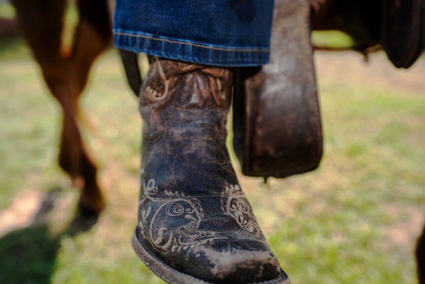 A close up of a cowboy boot