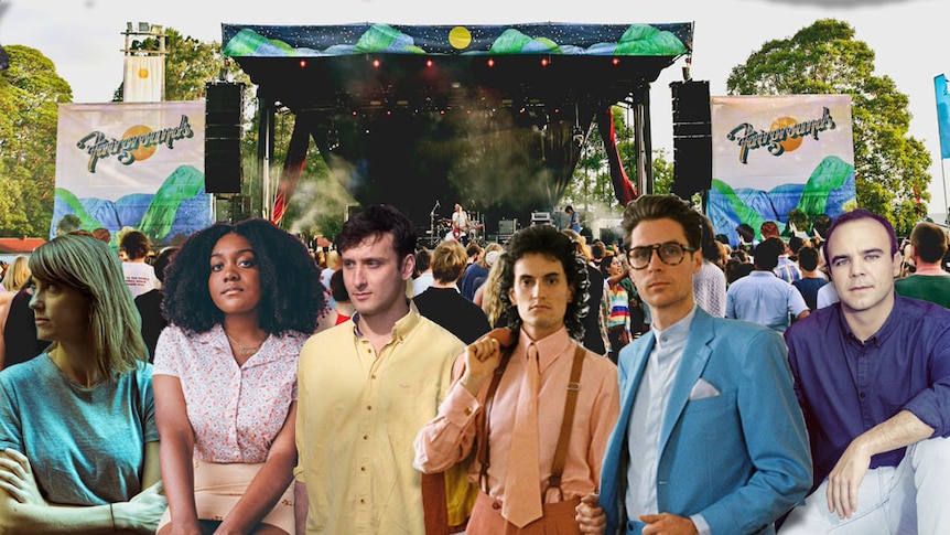 A collage of the Fairgrounds 2017 line-up featuring Jess Locke, noname, Client Liaison, D.D Dumbo, and Future Islands