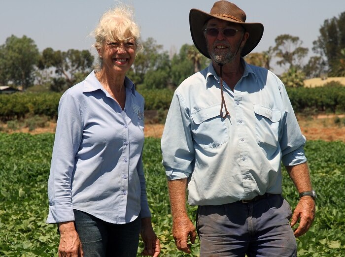 A smiling man and woman in front of a lush paddock.