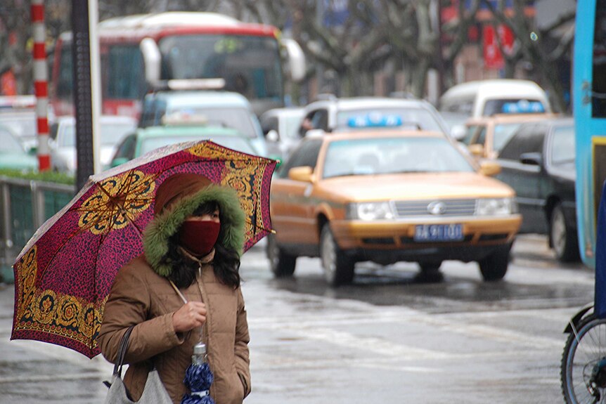 A woman in China holding an umbrella in front of traffic.