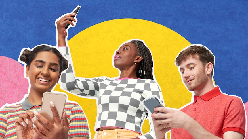 Three smiling young people use their phones against a brightly coloured background.