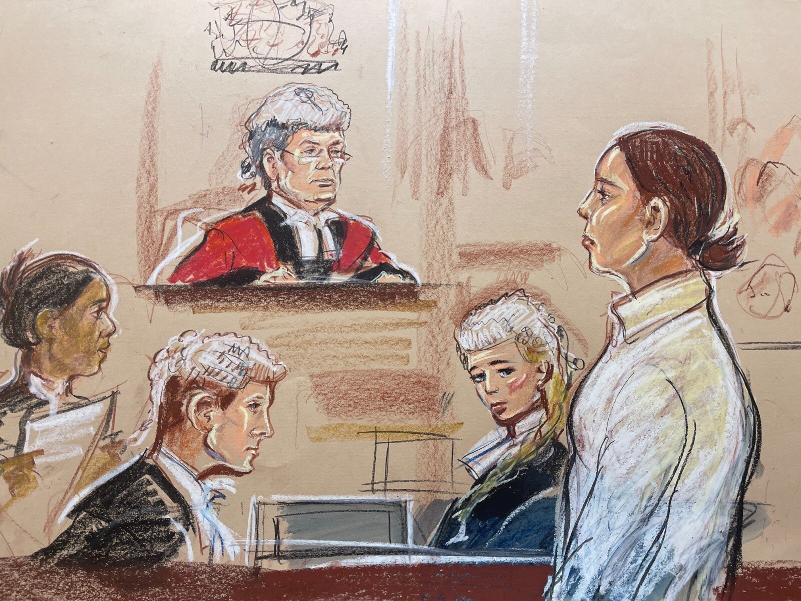 A court sketch showing a judge, two lawyers, a defendant and a court martial