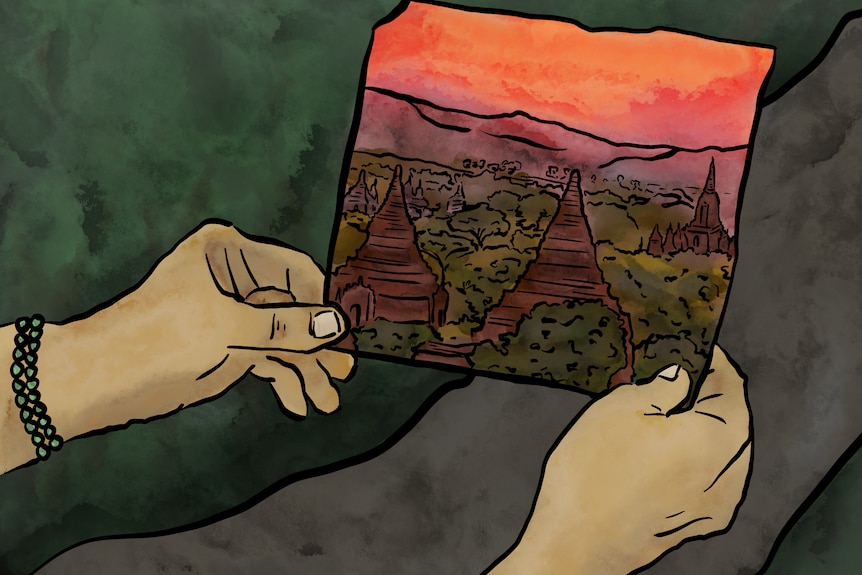 An illustration of two hands holding a photograph of a green landscape dotted with three hills.