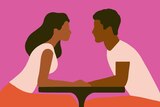 An illustration of two darker-skinned people sitting opposite each other at a table for an article about dating.