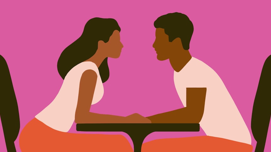 An illustration of two darker-skinned people sitting opposite each other at a table for an article about dating.