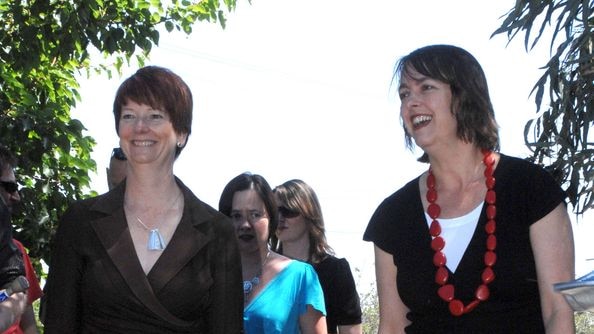 Declaration of victory: Julia Gillard and Nicola Roxon voting today