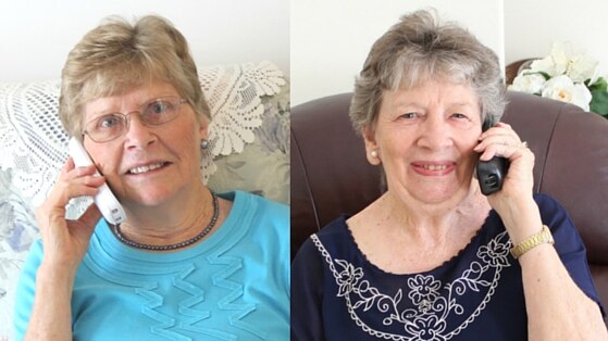 A composite image showing two women - Lorraine and Merlyn - each holding a modern cordless phone up to their ear.