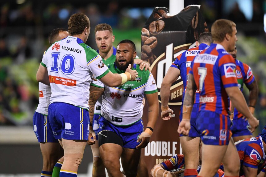 Junior Paulo of the Canberra Raiders celebrates his try against Newcastle on August 25, 2017.