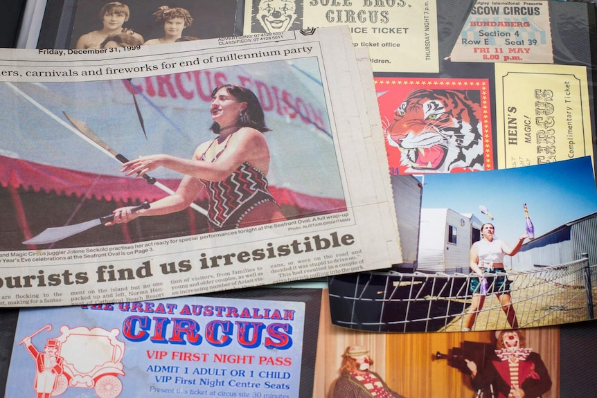A picture of newspaper clippings and tickets showing a young woman's life in the circus