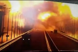Security footage of the explosion on the bridge linking Crimea and Russia