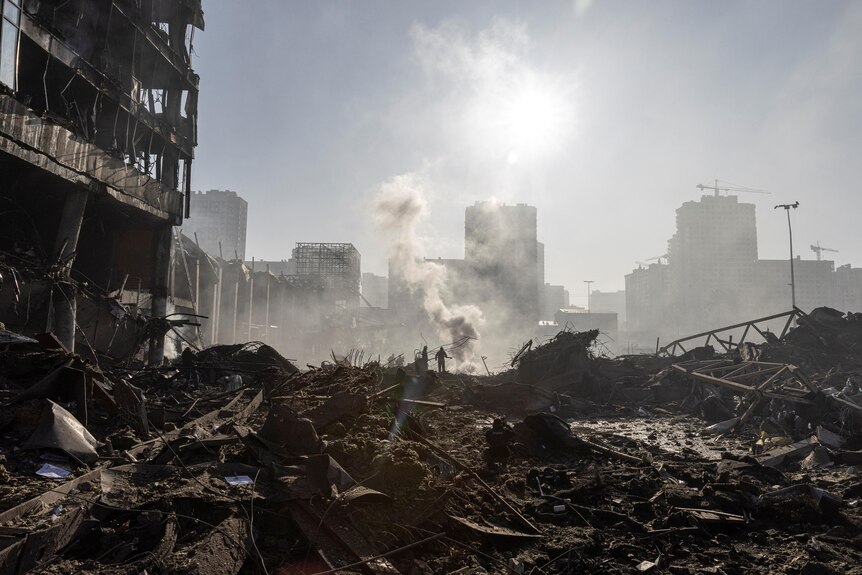 A bombed shopping centre in Ukraine's capital Kyiv lies in ruins, March 21, 2022.