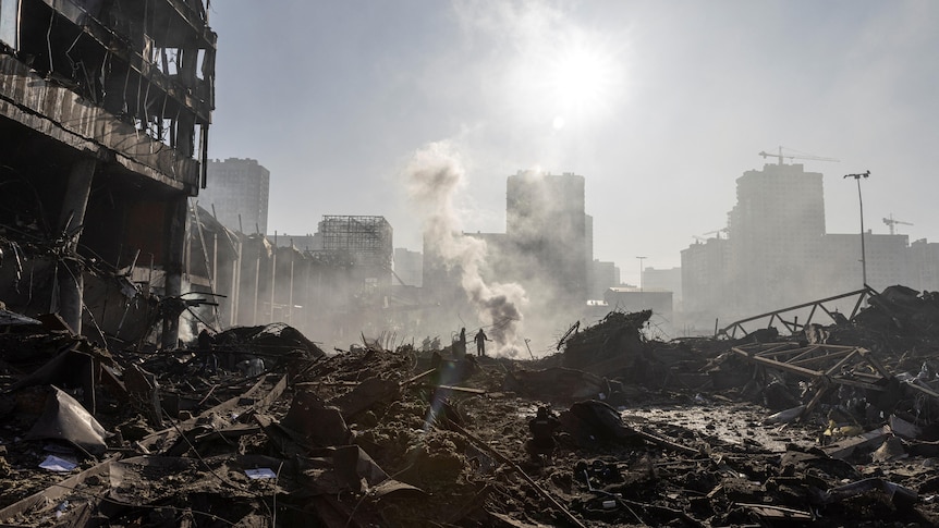 A bombed shopping centre in Ukraine's capital Kyiv lies in ruins, March 21, 2022.