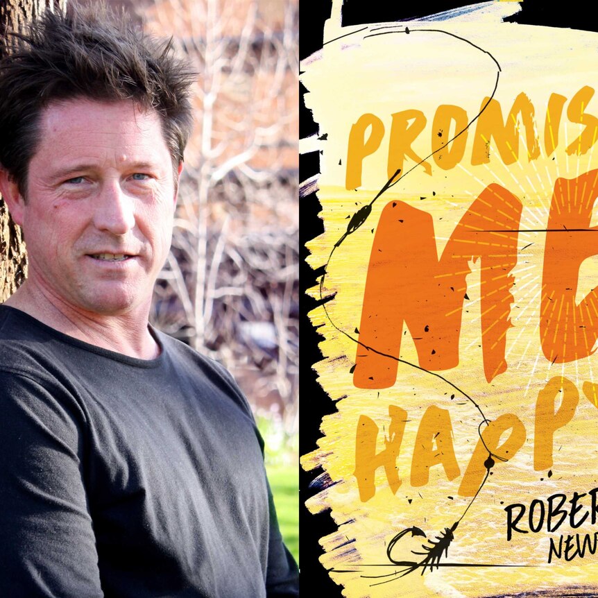 Author Robert Newton next to the cover of his book Promise Me Happy