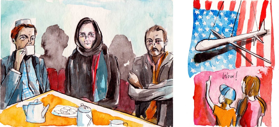 Left: A woman wearing a scarf sits between two men drinking tea. Right: A child points at a drone hanging next to a US flag.