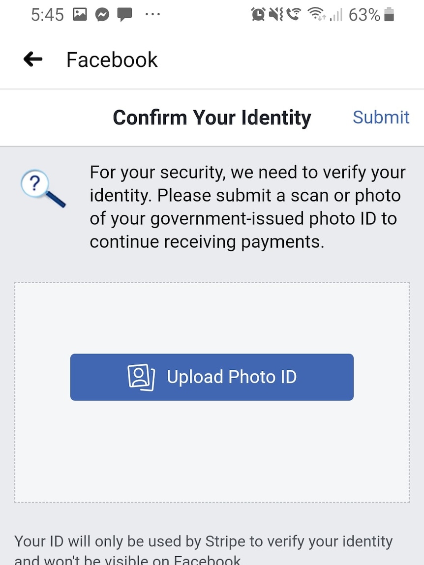 A screenshot of a Facebook command asking for identity verification