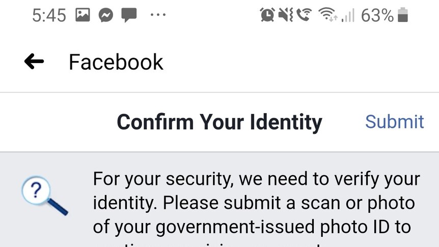 A screenshot of a Facebook command asking for identity verification