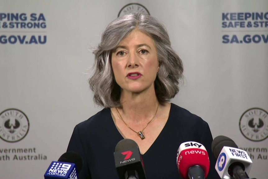 A woman with grey hair wearing a black top speaks to microphones