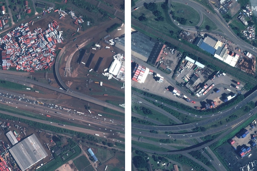 Flood damage is seen by satellite in Durban, with a transitional line revealing the same scene before the floods on the right