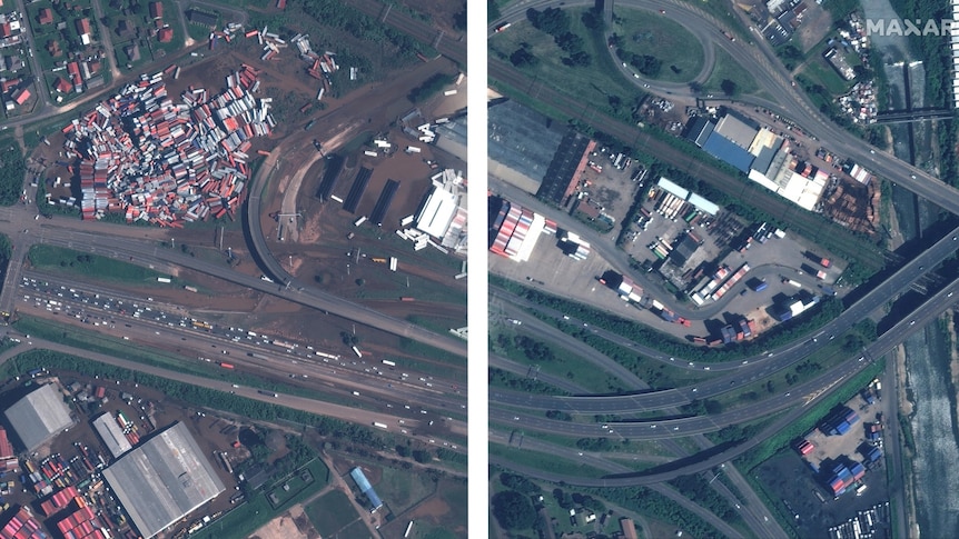 Flood damage is seen by satellite in Durban, with a transitional line revealing the same scene before the floods on the right