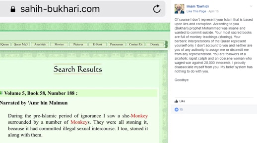 A Facebook post on Imam Tawhidi's page saying Sunnis are followers of an "alcoholic rapist caliph and obscene woman".
