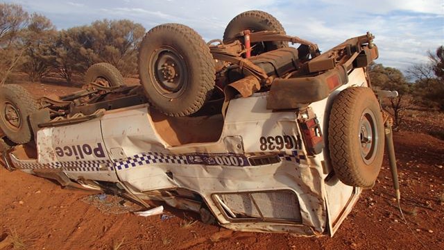 The crushed police four wheel drive at Laverton