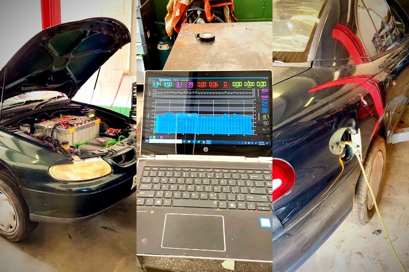 A composite of three images shows a car with a bonnet up, a laptop checking voltage and the petrol pump with a plug in it.
