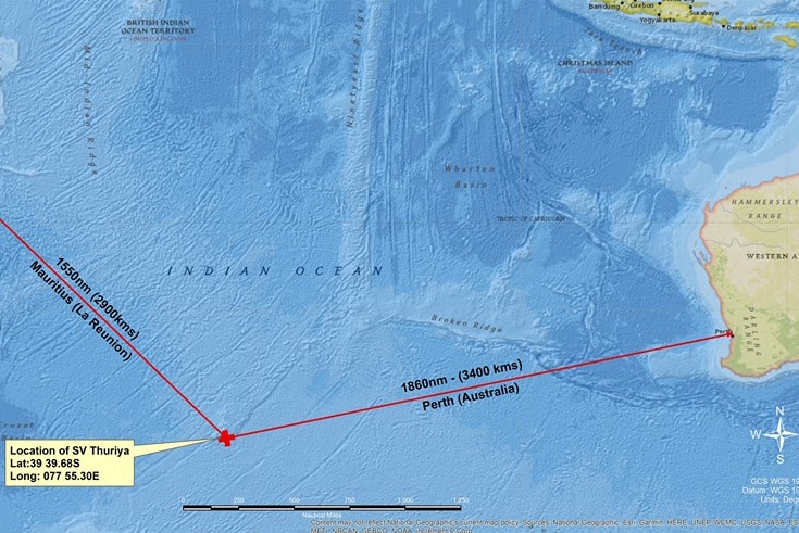 A map showing the location and route of injured solo sailor Abhilash Tomy's yacht.