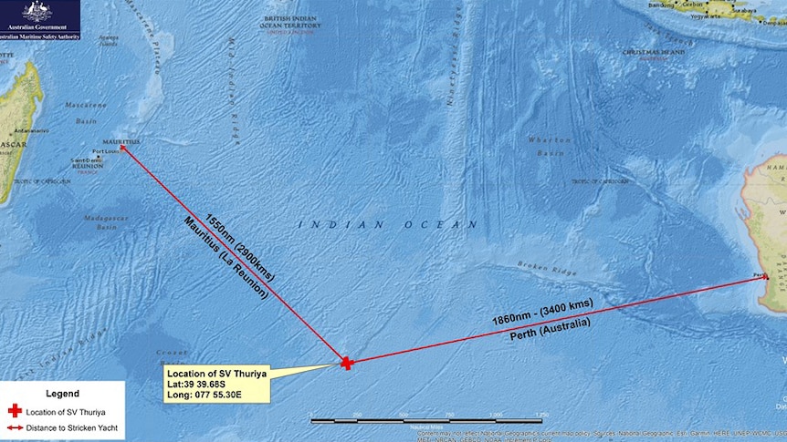 A map showing the location and route of injured solo sailor Abhilash Tomy's yacht.