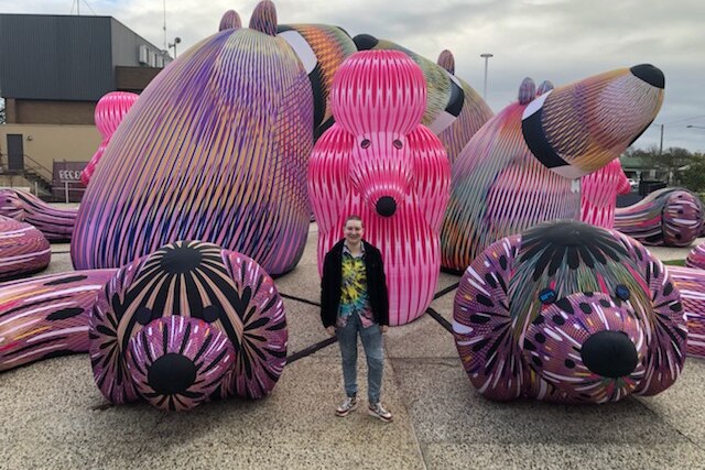 A young man stands in front of colourful sculptures.