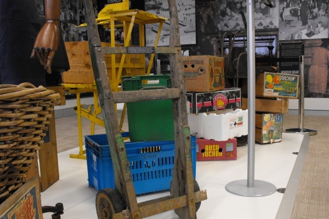 Fruit and vegetable boxes in the Brisbane Markets history room, July 2013