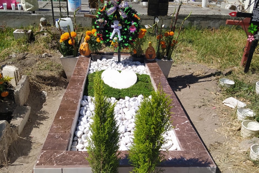The gravesite of Leonardo Peña Bonillo, who died from COVID-19 in June.