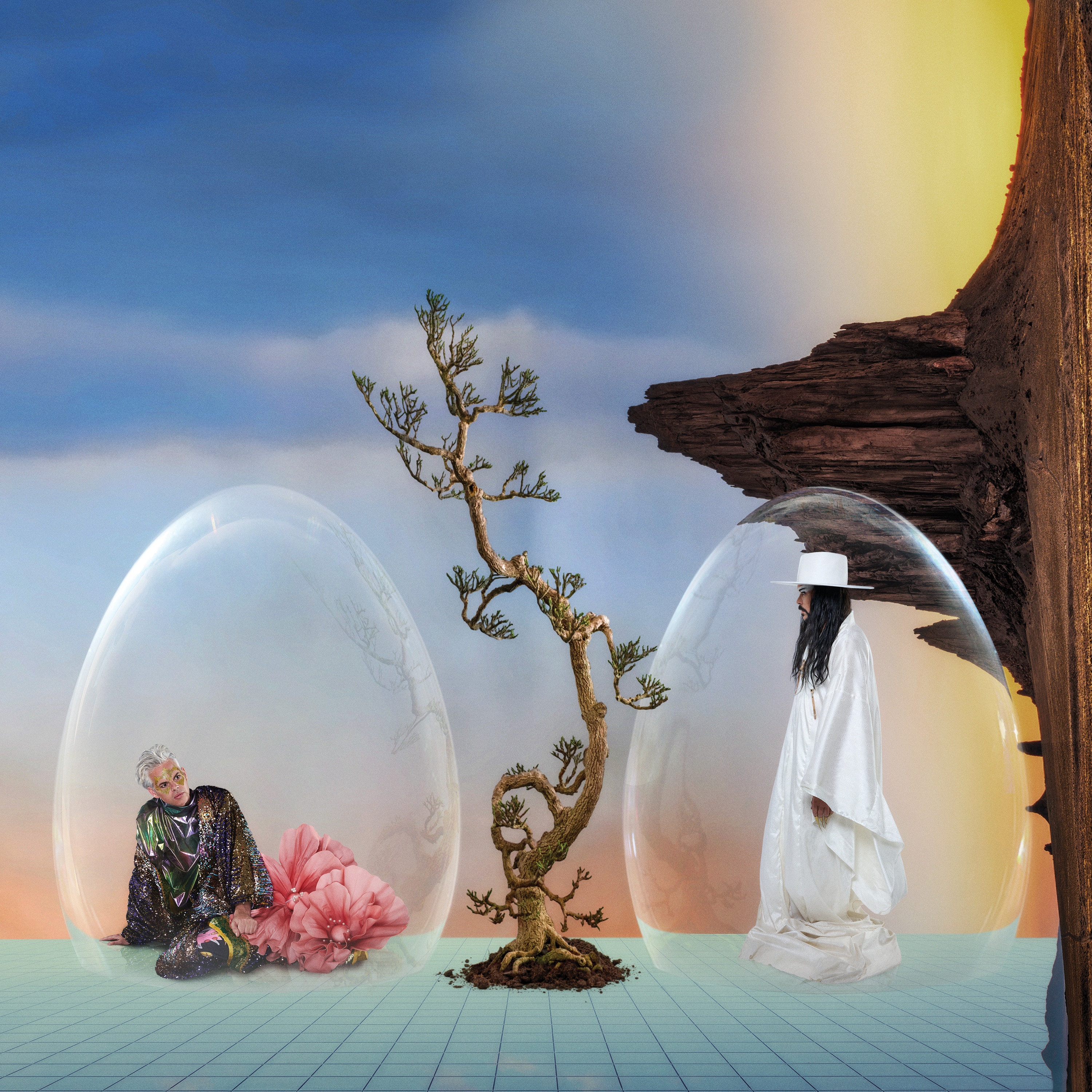 futuristic computer image of empire of the sun's luke steele and nick littlemore in bubbles in the desert
