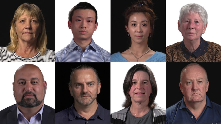 A montage of eight different faces, men and women, set against white backdrop