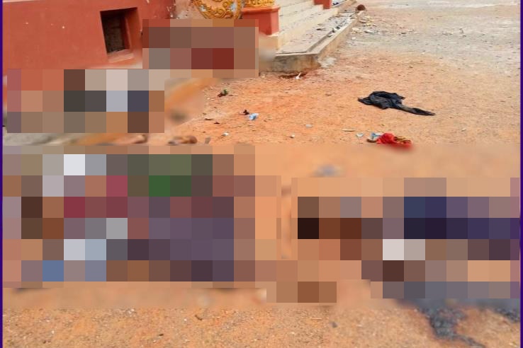 A pixelated image shows the location of bodies lying in dirt outside a monastery.