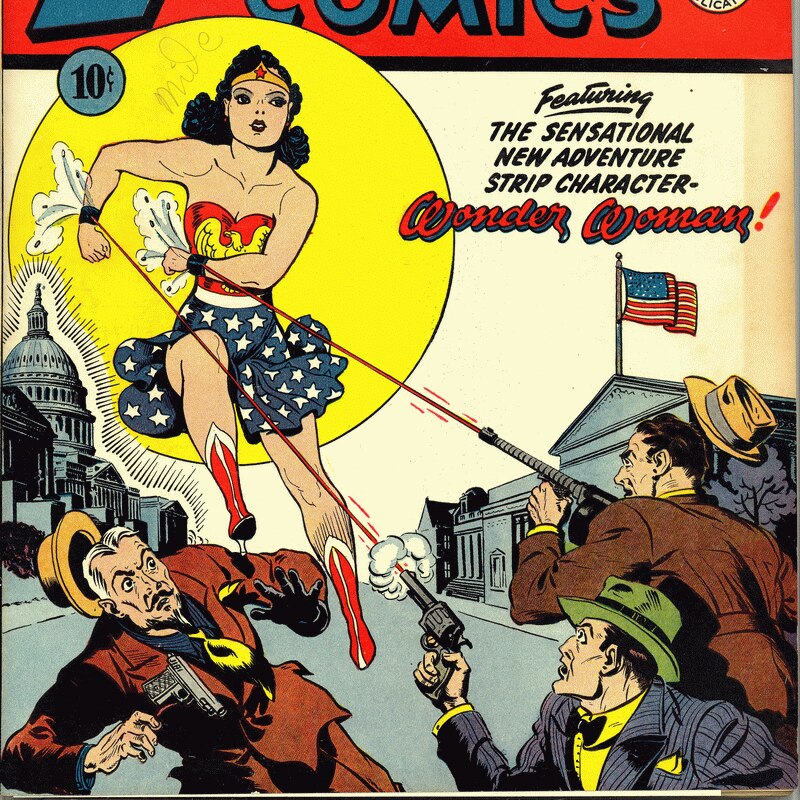 The cover of a comic, published in the 1940s, featuring Wonder Woman.