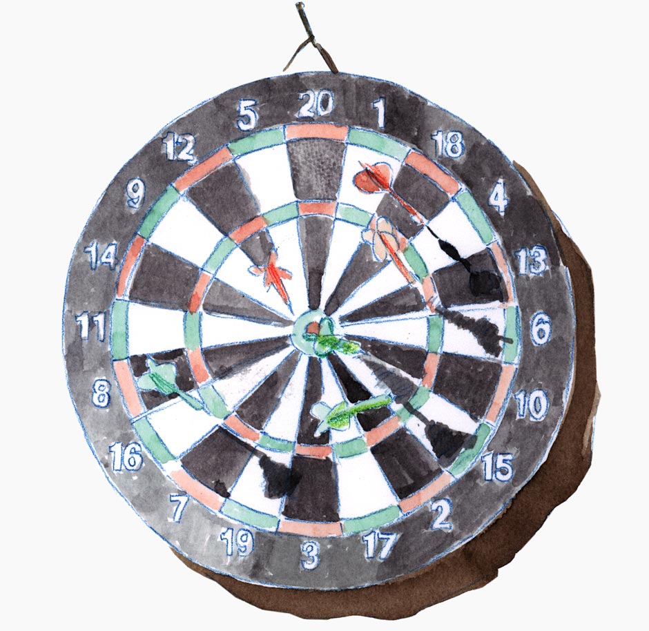 A dartboard with darts.