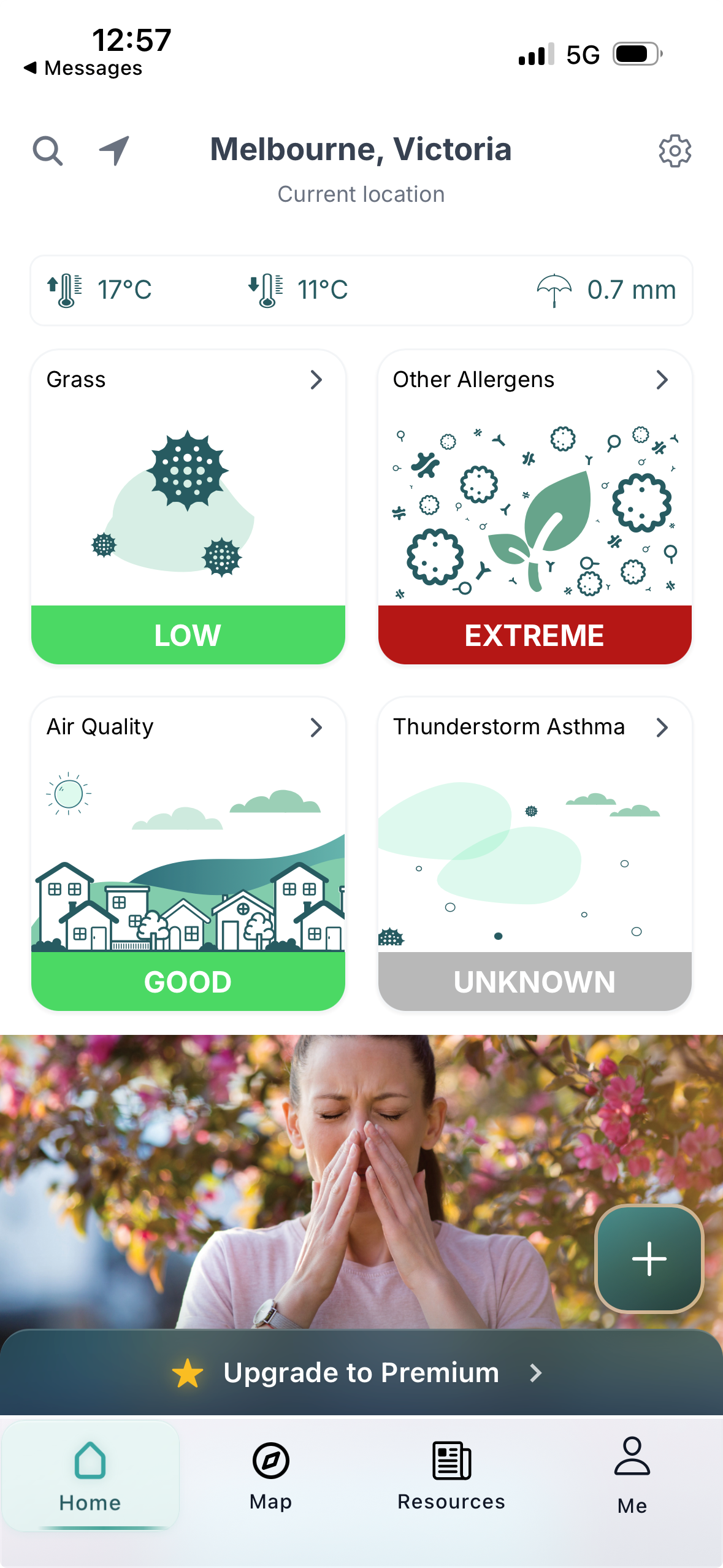 A picture with the word "grass" and "low" and aother saying "other allergens" with "extreme" in red below.