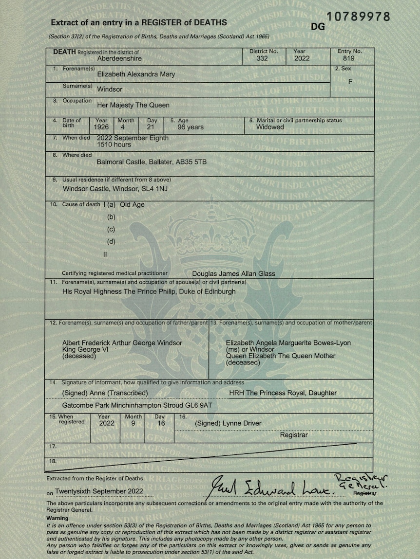 Death certificate of Queen Elizabeth II.