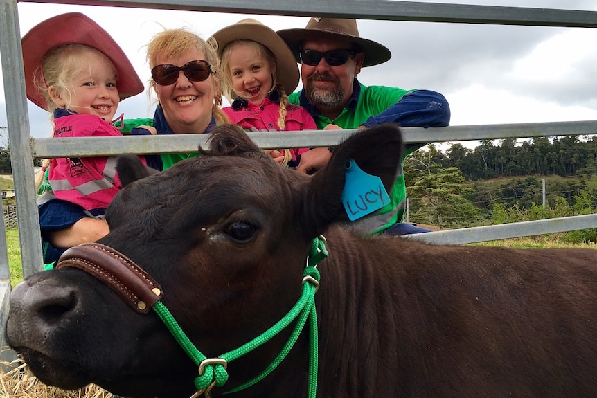 Mandy and Kel Tennent kneel with their Australian Lowline heifer, Lucy.