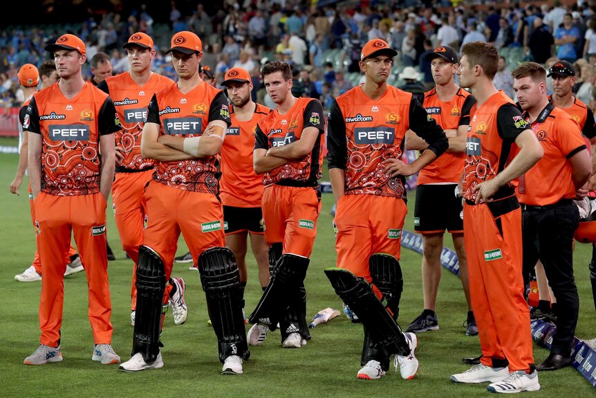 The Perth Scorchers looking glum after losing to the Adelaide Strikers in December 2019.