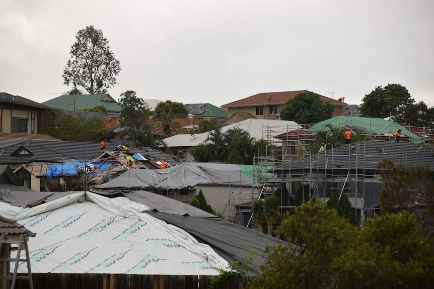 The rooftops of many homes, covered in tarps, with workers on them.