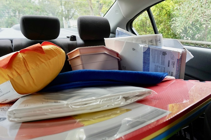 Ellen Wengert's school supplies loaded in the back of her car.