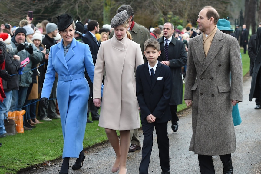 The Countess of Wessex, Lady Louise Windsor, James Viscount Severn and the Earl of Wessex walking